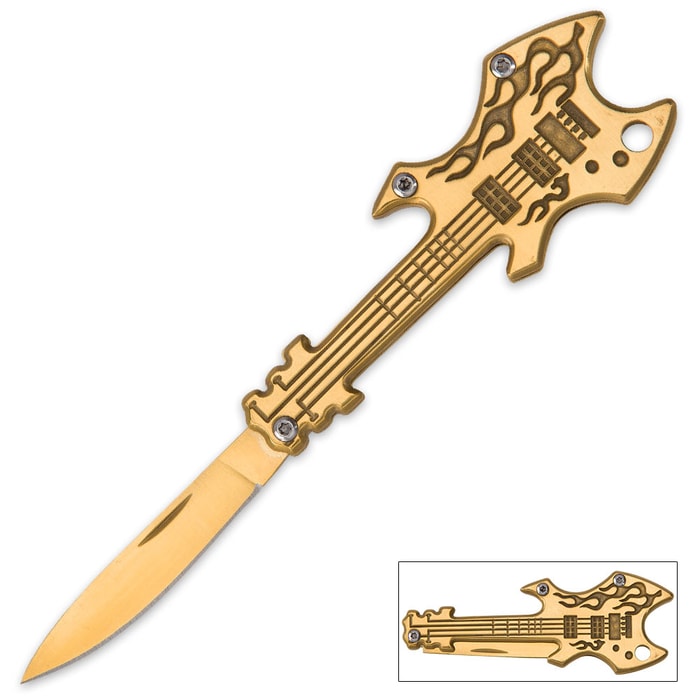 Flaming Gold Guitar Pocket Knife