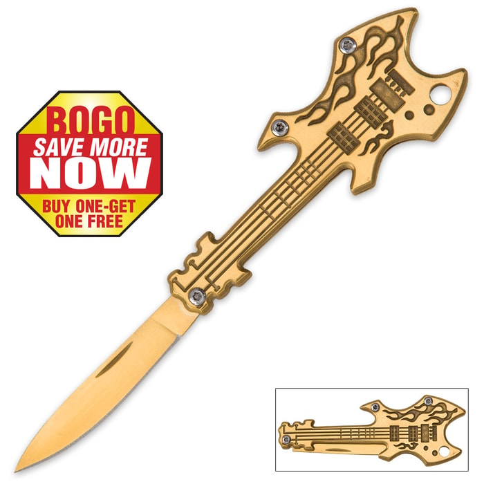 Flaming Gold Guitar Pocket Knife - BOGO