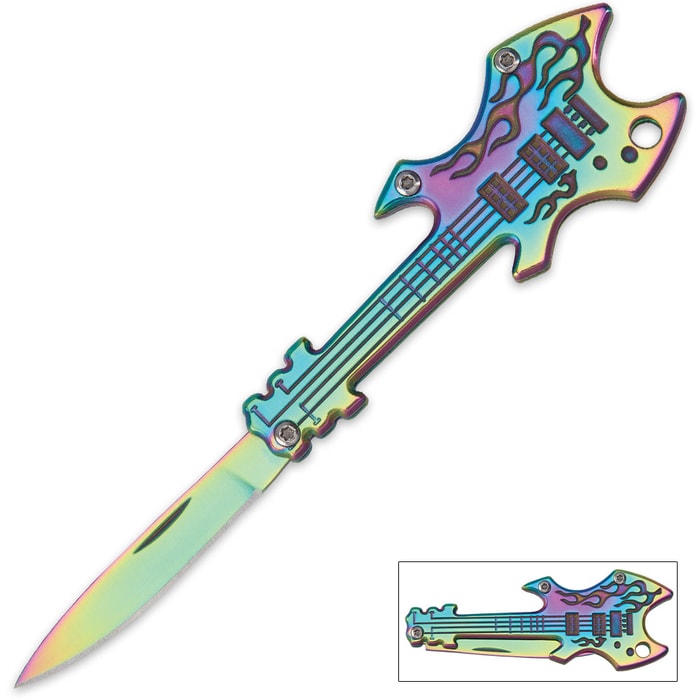 Flaming Rainbow Guitar Pocket Knife