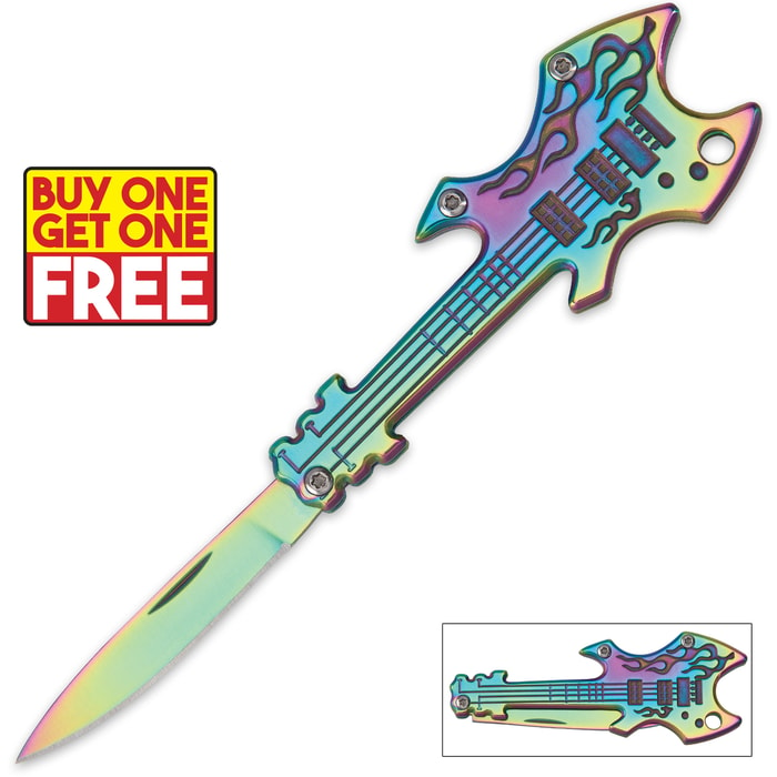 Flaming Rainbow Guitar Pocket Knife - BOGO