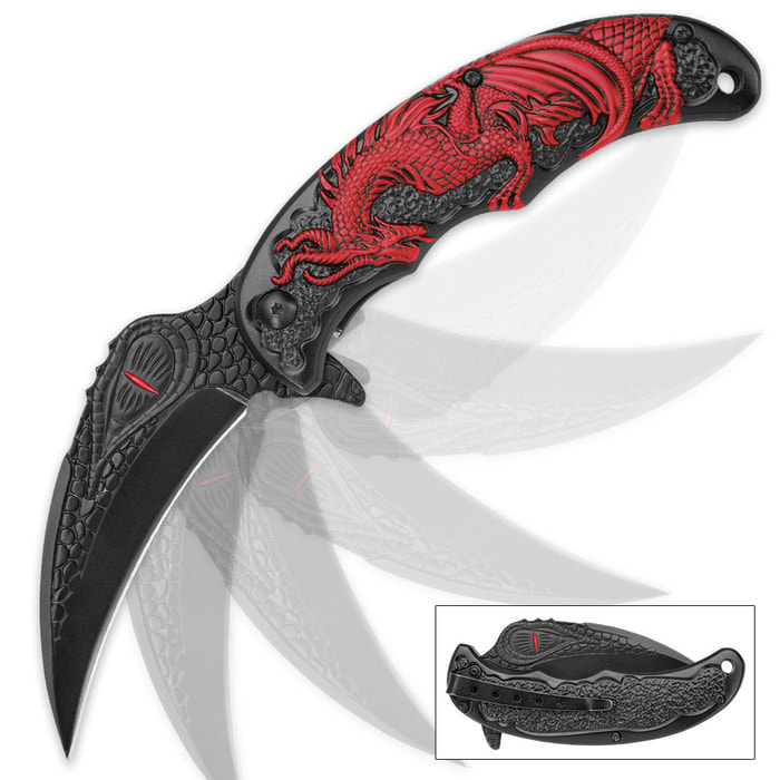 Red Chinese Dragon Assisted Opening Pocket Knife