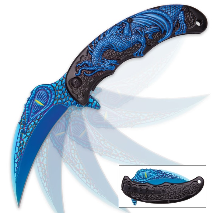 Blue Chinese Dragon Assisted Opening Pocket Knife
