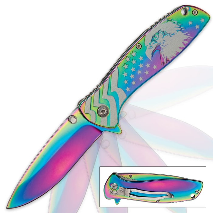 American Eagle / Stars and Stripes Assisted Opening Pocket Knife - Iridescent Rainbow Finish