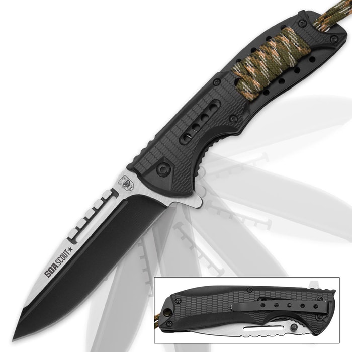 SOA Scout Assisted Opening Pocket Knife - Black with Camo Paracord Wrapping