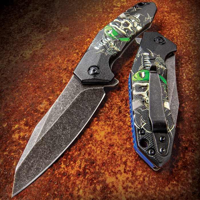 Necrophobia Easy Opening Pocket Knife with Haunting Full-Color Skull Graphics