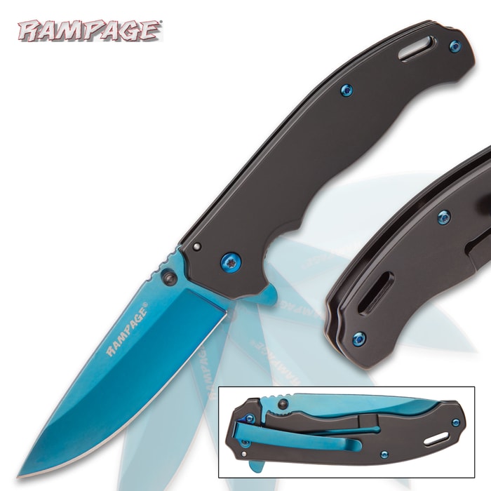 Rampage Ethereum Pocket Knife / Folder - Assisted Opening - Blue Titanium Finish - 420 Stainless Steel - Everyday Carry EDC Tactical Outdoors - Frame Lock, Blade Spur, Thumb Studs, Pocket Clip, More