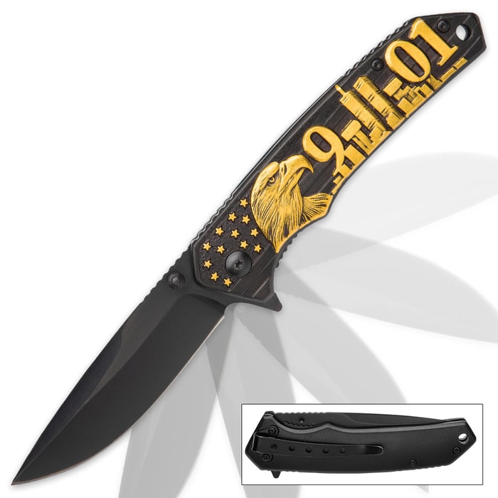 9/11 Remembrance Assisted Opening Pocket Knife / Folder - 420 Stainless Steel  Exclusive Design, Black / Gold - Everyday Carry EDC Display Collectible Gift - World Trade Center Twin Towers New York