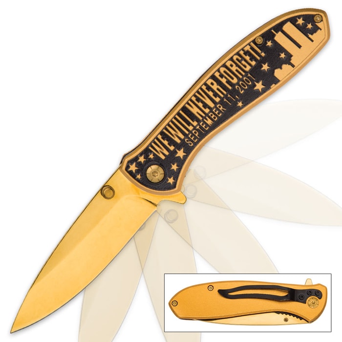 We Will Never Forget 9/11 Tribute Assisted Opening Pocket Knife / Folder - 420 Stainless Steel, Gold Finish - Everyday Carry, Display, Collectible, Gift - World Trade Center Twin Towers New York NYC