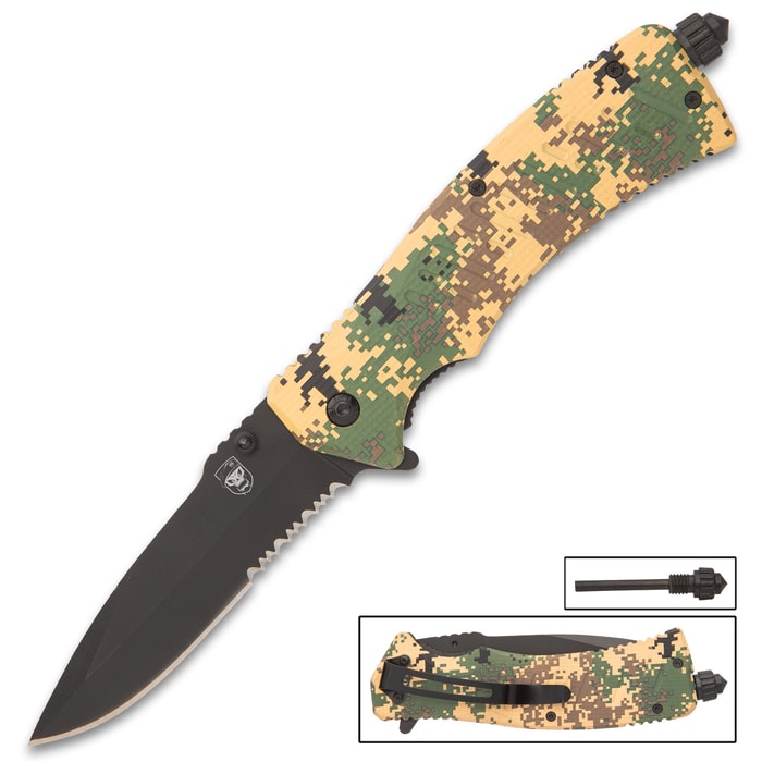 The SOA Camo Field Pocket Knife is a must-have for your tactical and survival gear with its integrated firestarter – an invaluable survival tool