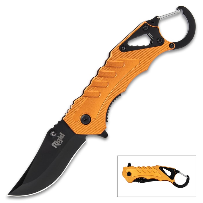 The Rigid Multi-Function Knife With Carabiner Clip has a black stainless steel clip point blade