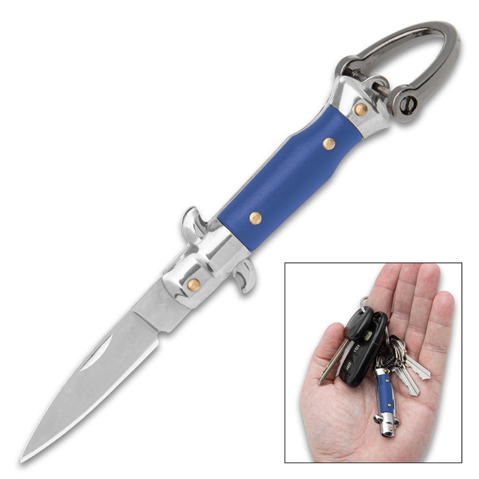 The 4” Blue Fratellino Keychain Stiletto shown both open with 1” blade and closed attached to a keyring.