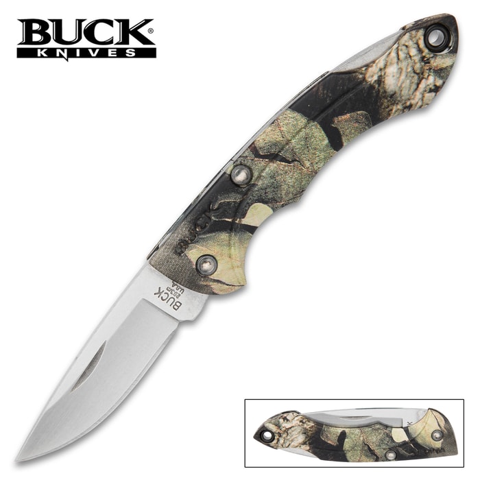 Buck Nano Bantam Mossy Oak Country Camo Pocket Knife - High Carbon Steel Blade, Glass Reinforced Nylon Handle, Lockback Design, Lanyard Hole