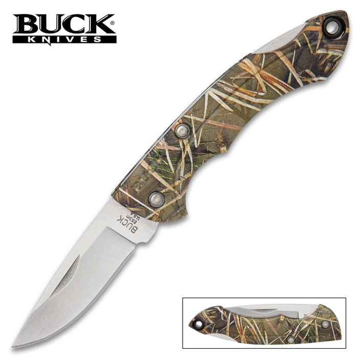 Buck Nano Bantam Muddy Water Camo Pocket Knife - High Carbon Steel Blade, Glass Reinforced Nylon Handle, Lockback Design, Lanyard Hole
