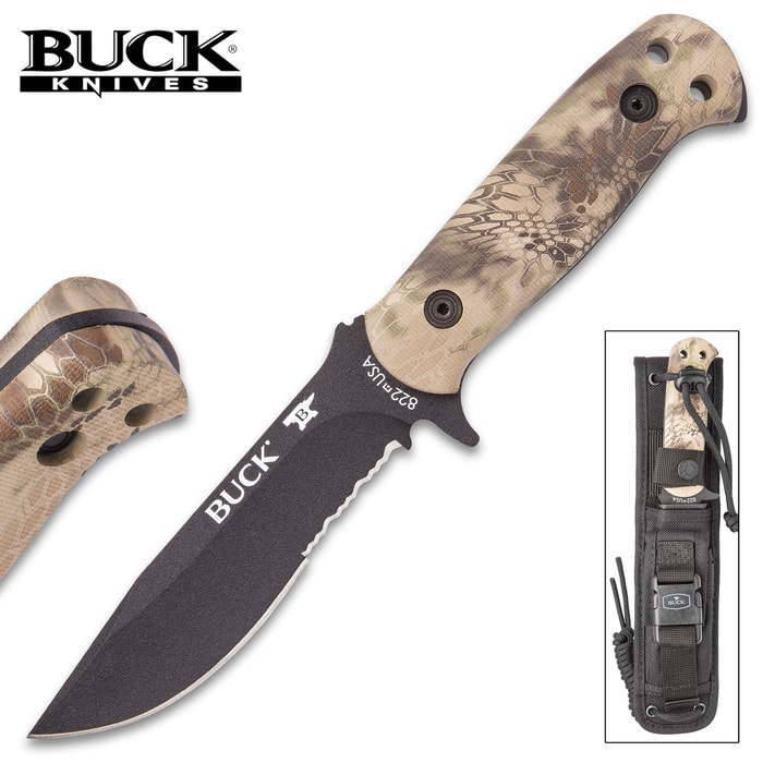 Buck Sentry Kryptek Highlander Fixed Blade Knife With Sheath - Black 420 High Carbon Steel Blade, Full-Tang With Serrations, Polymer Handle - Length 9 3/8”
