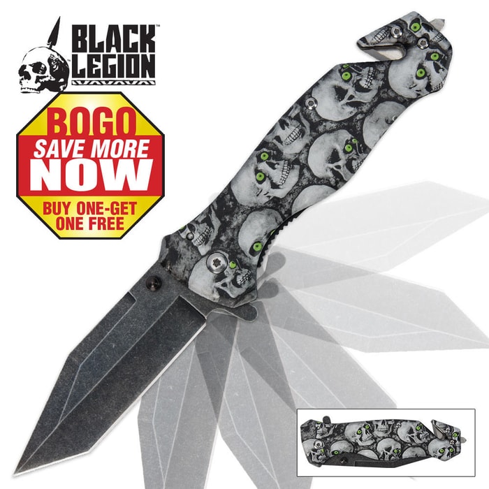 Black Legion Green-Eyed Skull Pocket Knife 2 for 1