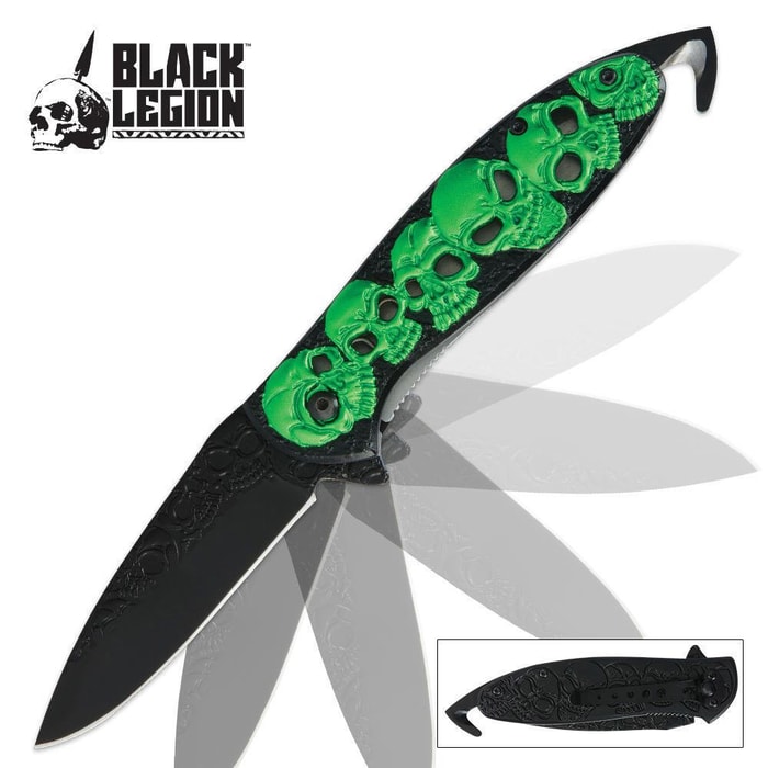 Black Legion Neon Skull Assist Pocket Knife with Hook