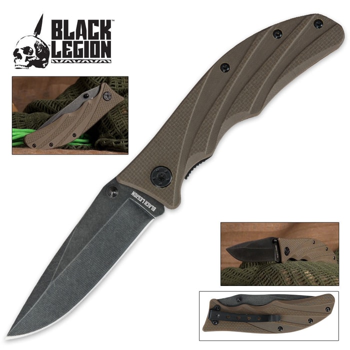Black Legion Stone Washed G10 Pocket Knife Brown 