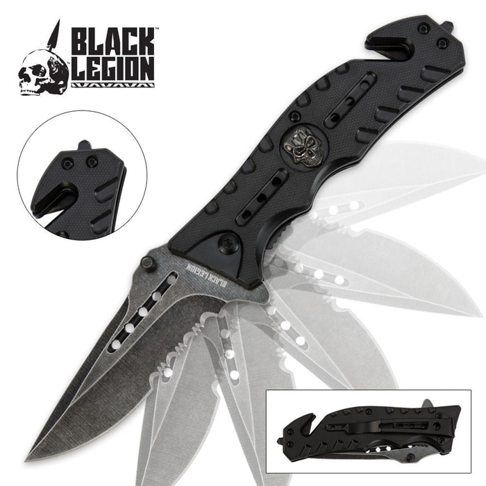 Black Legion Skull Rescue Folding Pocket Knife Black