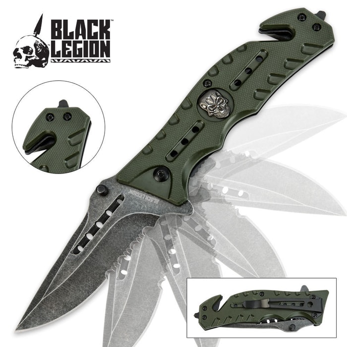 Black Legion Skull Rescue Folding Pocket Knife Green