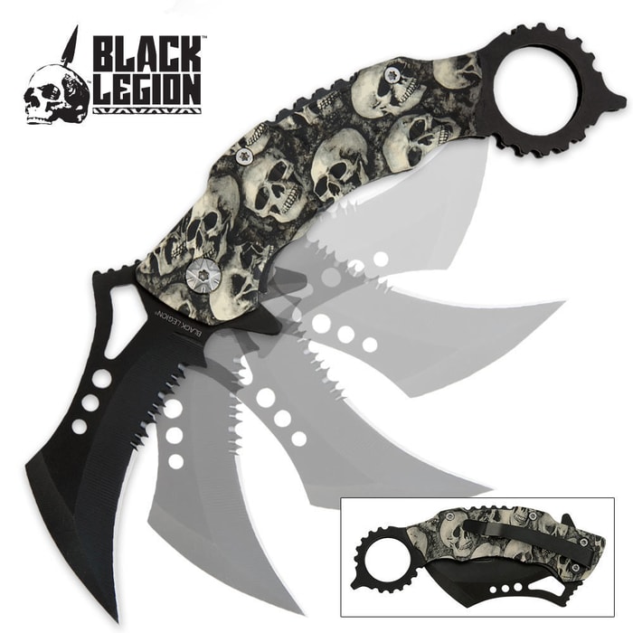 Black Legion Skull Mayhem Folding Karambit Pocket Knife Grey