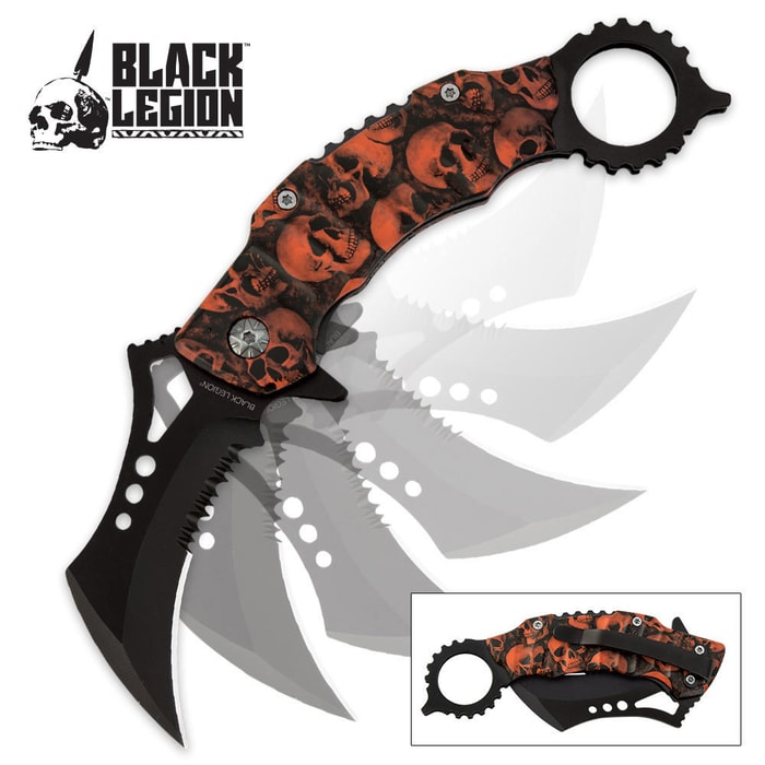 Black Legion Orange Skull Mayhem Folding Karambit Pocket Knife