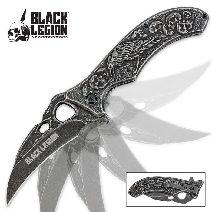 Black Legion Black Raven Skull Assisted Open Pocket Knife