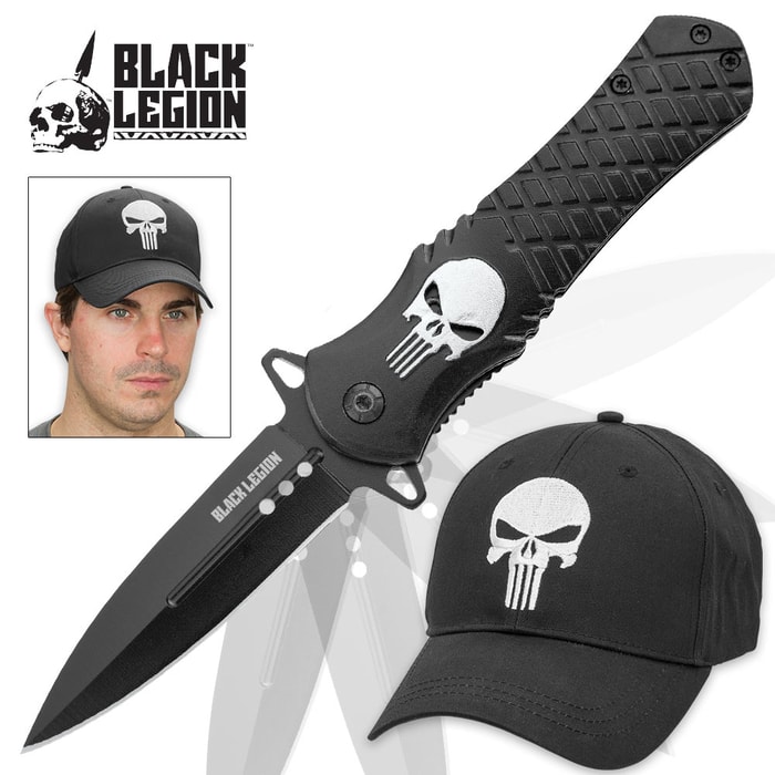 Punisher Skull Assisted Opening Stiletto Pocket Knife with Free Punisher Cap / Hat