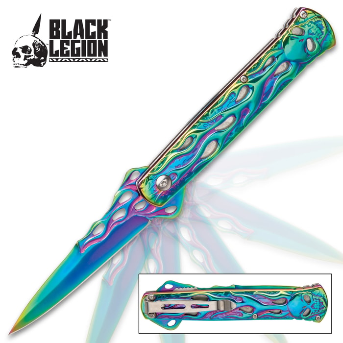 Black Legion Flaming Skulls Rainbow Titanium Pocket Knife - Titanium Electroplated Stainless Steel Blade And Handle, Stainless Steel Pocket Clip