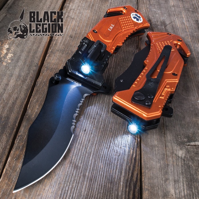 Black Legion EMS Everyday Carry Assisted Opening Pocket Knife with Built-In Flashlight