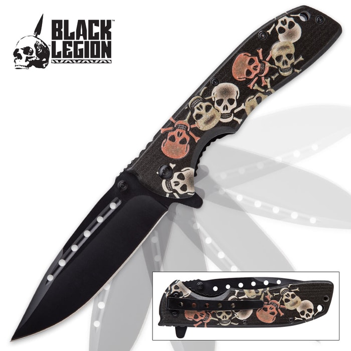 Black Legion Pestilence Assisted Opening Pocket Knife - Skull and Crossbones Handle Design