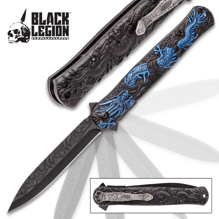 Black Legion Blue Chinese Dragon Deity Stiletto Knife - Stainless Steel Blade, Assisted Opening, Anodized Aluminum Handle, Pocket Clip