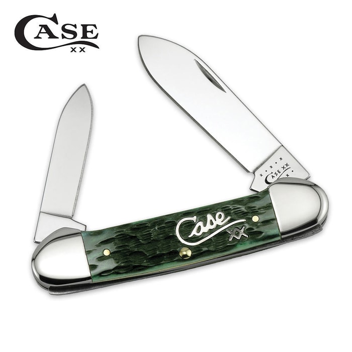 Case Silver Script Hunter Green Canoe Folding Knife