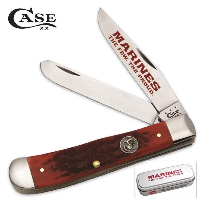 Case Peach Seed Jigged Dark Red Bone Handle USMC Trapper Knife With Gift Tin