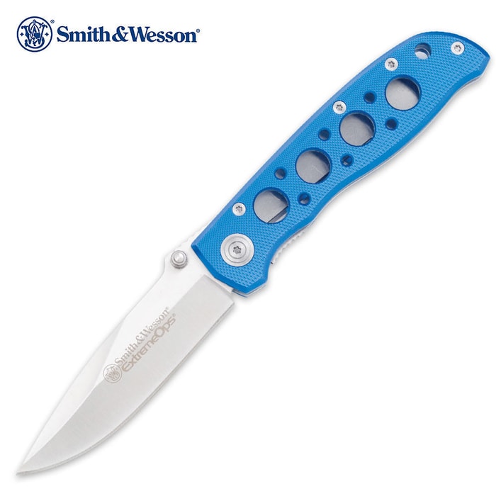 Smith & Wesson Cuttin Horse Ops Blue with Holes Folding Knife
