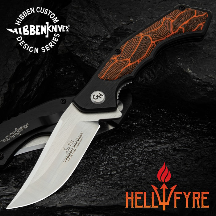 The Gil Hibben HellFyre Whirlwind Pocket Knife on display in its open position