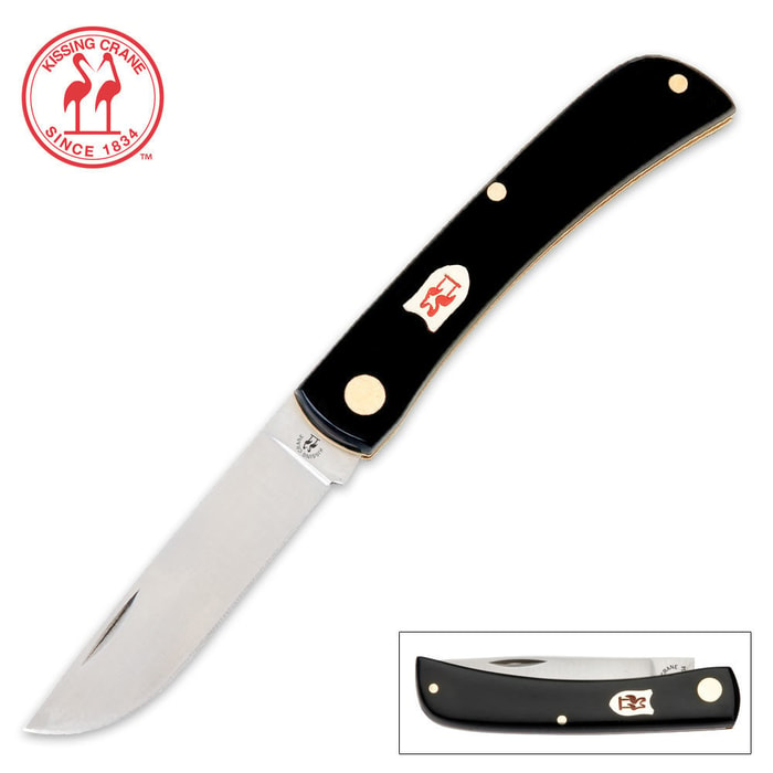 Kissing Crane Black Pocket Farmer Knife has a stainless steel blade with nail nick and black synthetic handle.