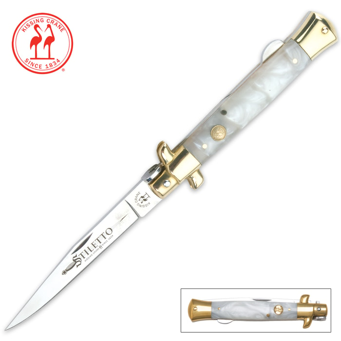Kissing Crane Mother of Pearl Stiletto Pocket Knife has a mirror-polished stainless steel blade and mother of pearl handle.