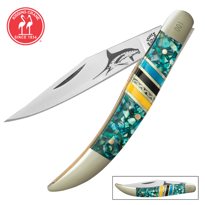 Kissing Crane Bahama Blue Toothpick Pocket Knife - Stainless Steel Blades, Genuine Bone Handle, Brass Liners, Polished Bolsters, Individually Serialized