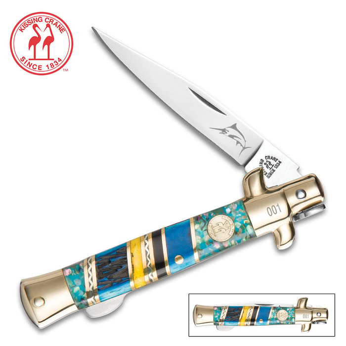 Kissing Crane Bahama Blue Small Stiletto Knife - Stainless Steel Blades, Genuine Bone Handle, Brass Liners, Polished Bolsters, Individually Serialized