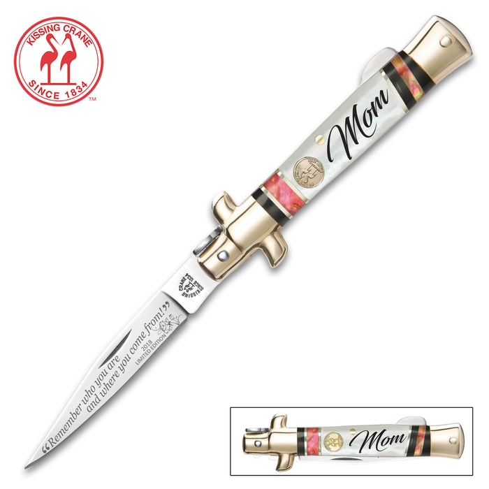 Kissing Crane 2018 Mother’s Day Stiletto Knife - Limited Edition, Stainless Steel Blades, Genuine Abalone And Pearl Handle - Closed 4”