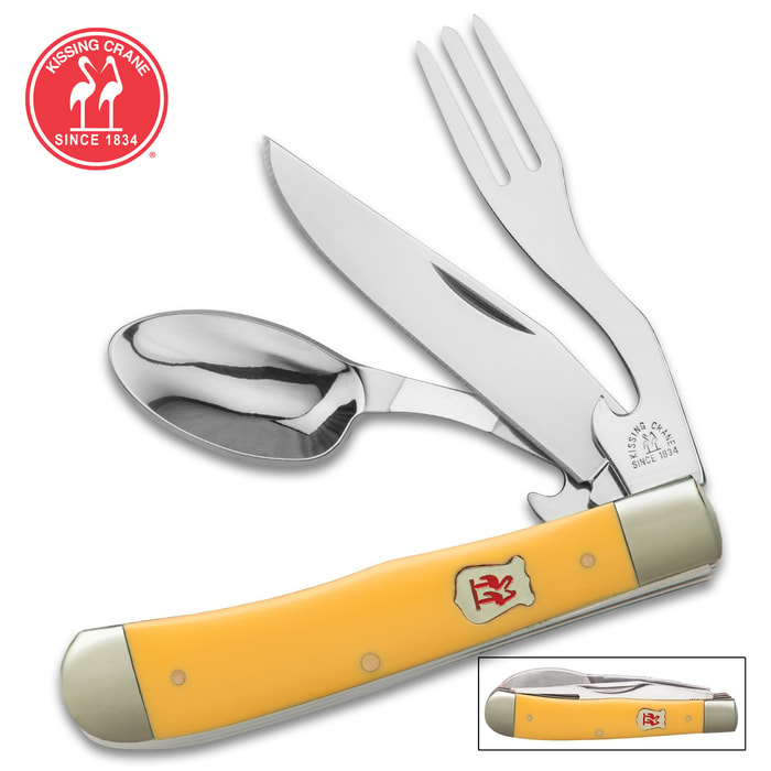 Kissing Crane Lemon Yellow Camp Dining Tool - CrMoV17 Stainless Steel, Durable Resin Handle, Spoon, Fork, Knife - Length 7 1/2”
