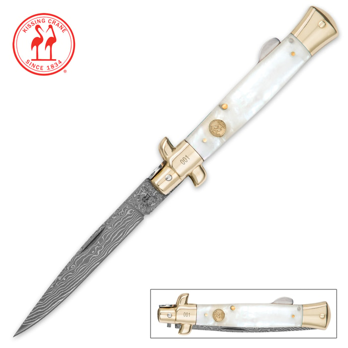 Kissing Crane Genuine Pearl Damascus Stiletto Knife