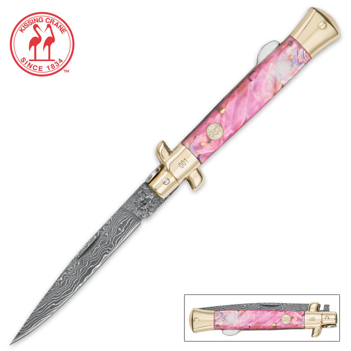 Kissing Crane Genuine Pink Pearl Damascus Stiletto Knife