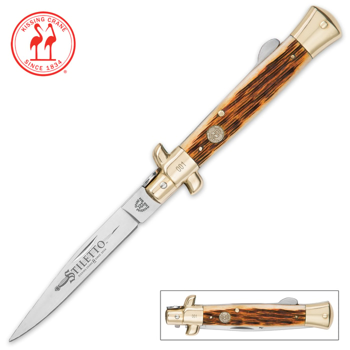 Kissing Crane Amber Bone Stiletto Pocket Knife