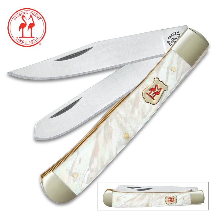 Kissing Crane Genuine Pearl Trapper Pocket Knife