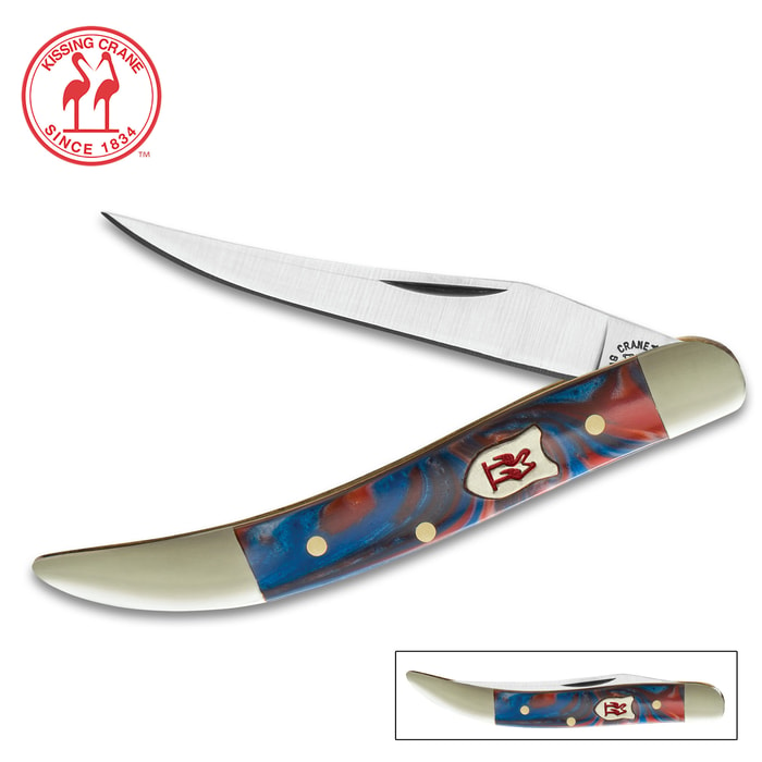 Kissing Crane Cosmic Blue Toothpick Folder / Pocket Knife - 440 Stainless Steel Blade - Blue and Red Swirl Fuzion Polymer Handle Scales - 3"