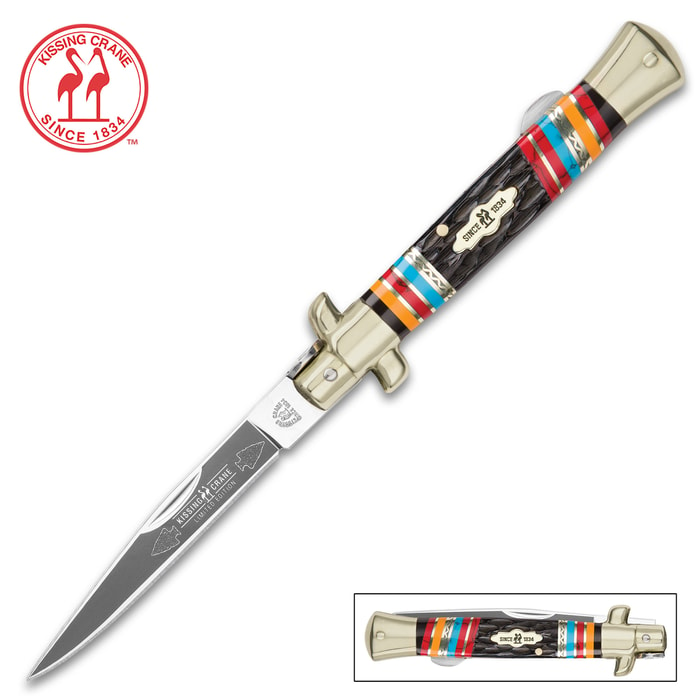 Kissing Crane Warrior Moon Stiletto Pocket Knife / Folder - Collectible Limited Edition, Native American Theme, Serialized Brass Bolsters - 440 Stainless Steel - Laser Etched American Indian Art