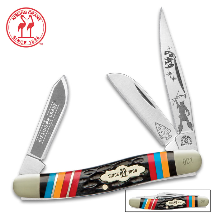 Kissing Crane Warrior Moon Stockman Pocket Knife / Folder - Collectible Limited Edition, Native American Theme, Serialized Bolsters - 440 Stainless Steel - Laser Etched American Indian Art
