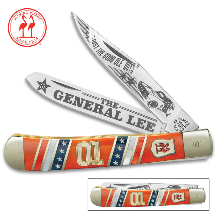 Kissing Crane General Lee Trapper Pocket Knife - Stainless Steel Blades, Bone And Pearl Handle, Nickel Silver Bolsters, Brass Liners