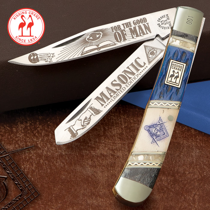 Kissing Crane 2020 Masonic Trapper Pocket Knife - Stainless Steel Blades, Bone And Pearl Handle Scales, Nickel Silver Bolsters
